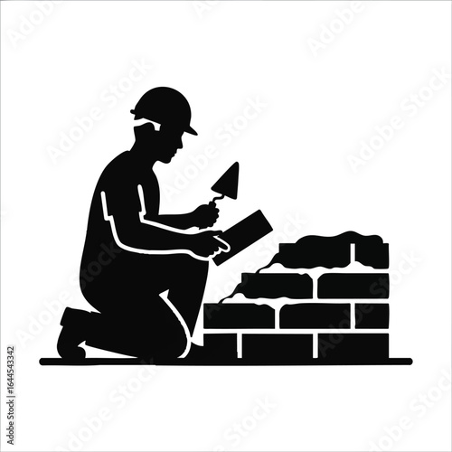 A construction worker kneels, skillfully placing bricks with a trowel, showcasing meticulous craftsmanship in a simple, black and white illustration.