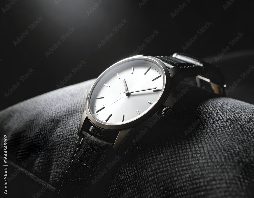 custom made wallpaper toronto digitalElegant Wristwatch with Silver Dial and Black Leather Strap on a Soft Cloth Cushion