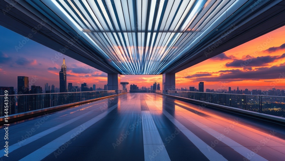 Fototapeta premium Elevated walkway at sunset over cityscape