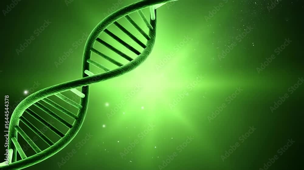 A glowing green double helix dna strand, representing the building blocks of life and genetic code, with a bright light source and particles in the background