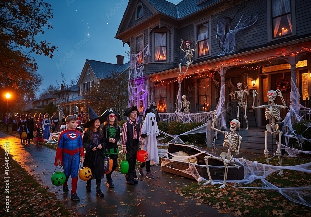 Obraz premium Trick-or-Treaters Walking Past House with Skeletons, Cobwebs, and Flickering Candles