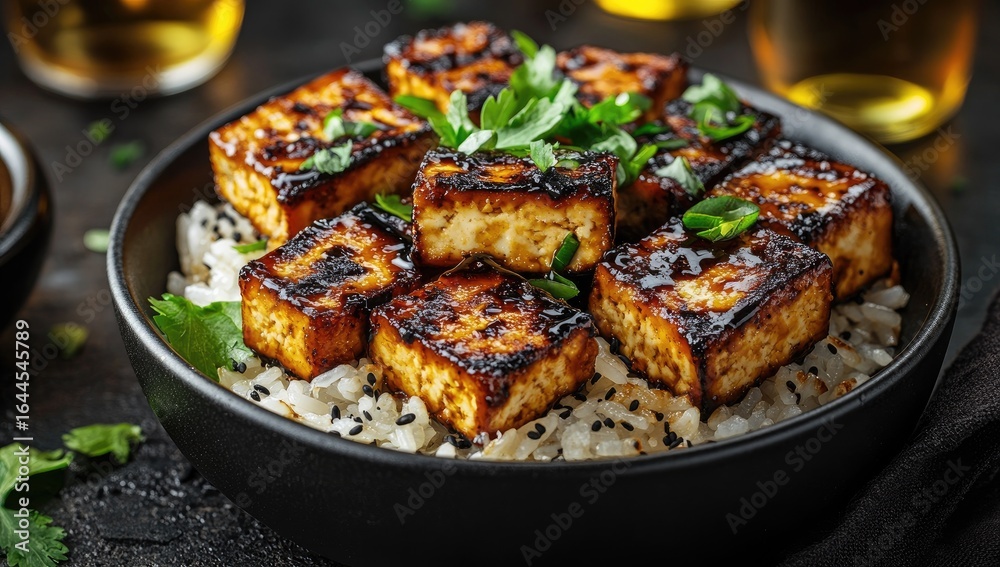 Spicy tofu cubes over rice, garnished Spicy tofu cubes over rice, garnished