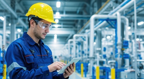 Industrial worker in hard hat and safety glasses using tablet in a modern factory