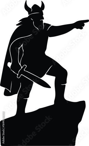 Illustrator Viking warrior standing on rock and pointing Silhouette vector