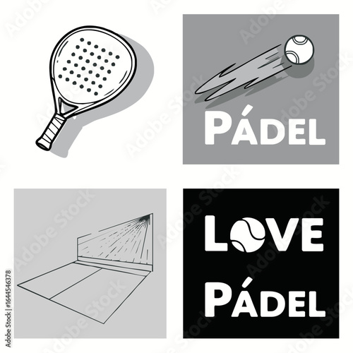 Padel racket, court, ball, and stylized text proclaiming love for the sport.