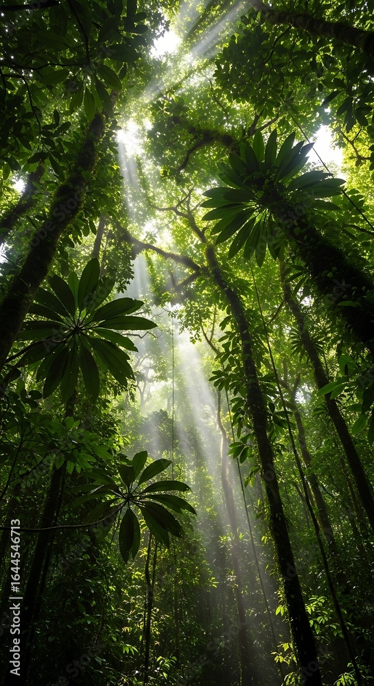 Naklejka premium Sunlight streams through the lush canopy of a vibrant tropical rainforest ecosystem