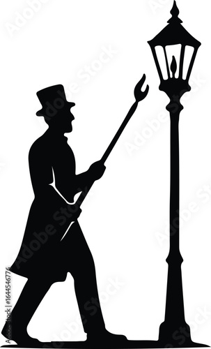 Illustrator Vintage lamplighter lighting streetlamp with long lighter Silhouette vector