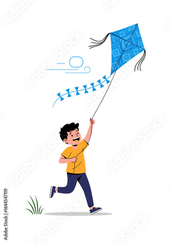 Young Boy Joyfully Running Outdoors Flying a Vibrant Blue Kite on a Sunny Day