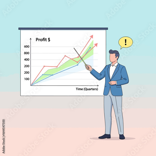 Businessman in a blue suit presenting a quarterly profit chart, pointing at the rising trend with a stick and having a sudden insight.