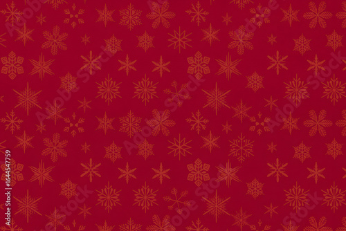 Seamless repeating pattern of small stylized Christmas icons on a deep crimson background, including snowflakes, trees, mittens, stockings, and baubles in warm gold