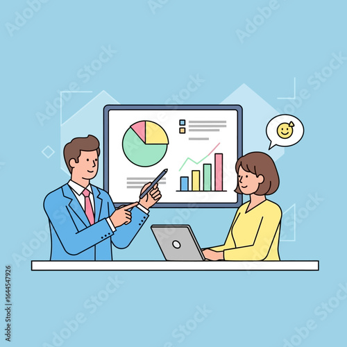 Professional man in a blue suit presenting data charts on a screen to a smiling female colleague using a laptop.
