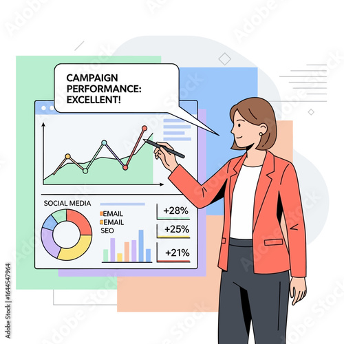 Smiling businesswoman in a red blazer pointing at a rising line graph, presenting excellent campaign performance data.