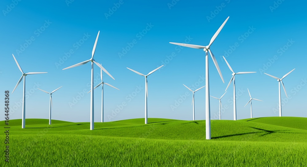 Clean Contemporary Wind Turbine Generator Farm on Green Grass Field Clean Contemporary Wind Turbine Generator Farm on Green Grass Field