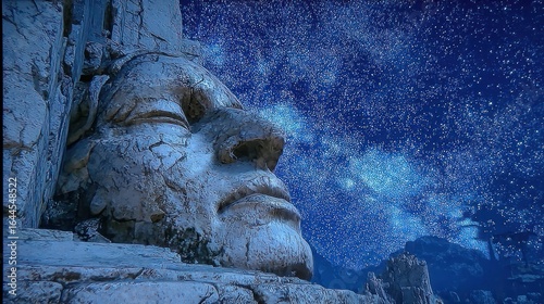 Ancient face gazing at starry sky