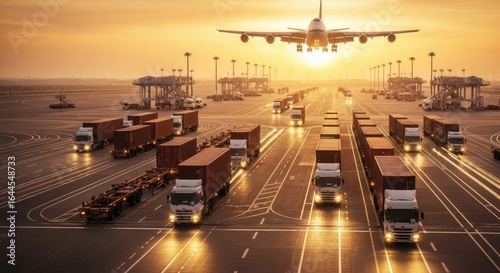 Global Logistics at Airport Cargo Terminal with Trucks and Airplane at Sunset
