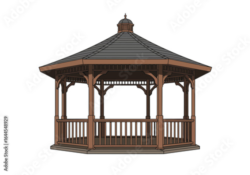 Hexagonal Wooden Gazebo with Dark Gray Shingled Roof.