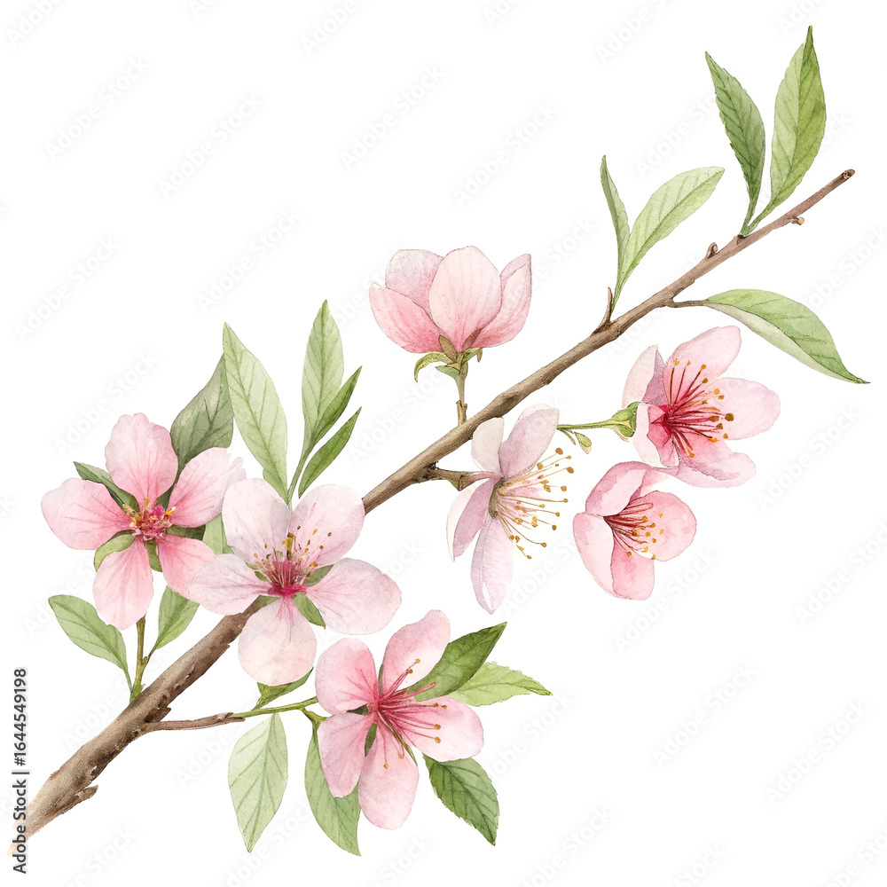 Fototapeta premium Delicate watercolor pink blossom branch with soft petals.
