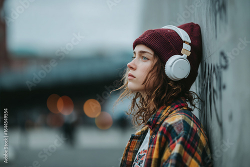 Young woman with headphones leaning against a wall in the city.