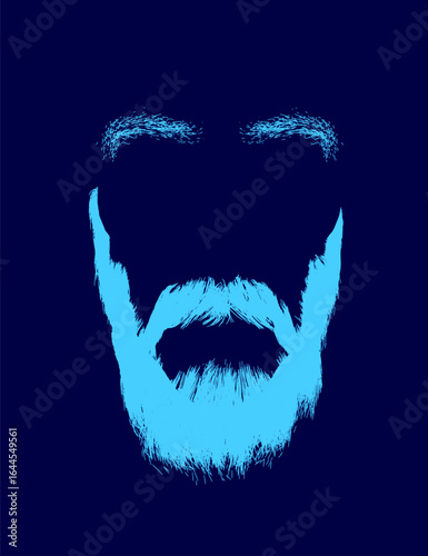 A blue mustache stands out against a dark blue background with striking contrast. The realistic style features intricate details and subtle shading for depth. The contour is well-defined.