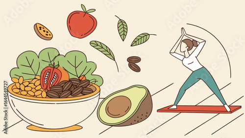 Healthy lifestyle concept with yoga and balanced diet for wellness and vitality illustration drawing
