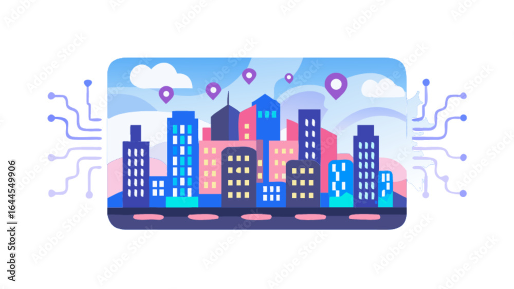 Obraz premium Smart city digital technology network with location pins and modern building architecture design concept
