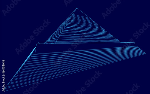 A 3D pyramid model features multiple levels with distinct shapes and sizes. The white structure contrasts sharply against the smooth blue background. Clean contours highlight the geometric.