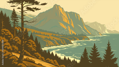 Coastal landscape painting of mountain range and ocean view with pine trees digital artwork scenic vista 100