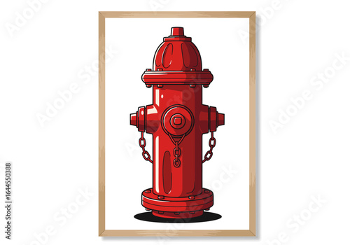 Framed Illustration of a Classic Red Fire Hydrant with Chains.