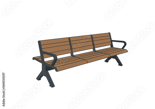 Three-Seat Park Bench with Armrests and Slatted Design.