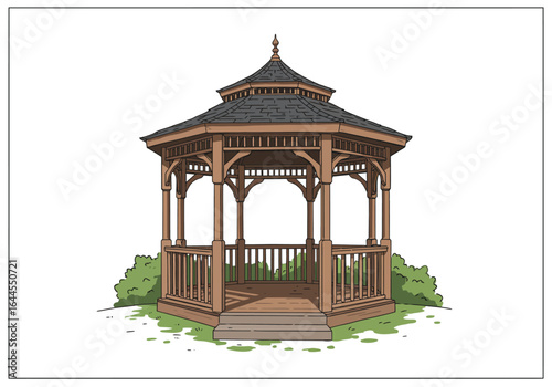 Illustrated Wooden Gazebo with Dark Shingled Roof and Railings.