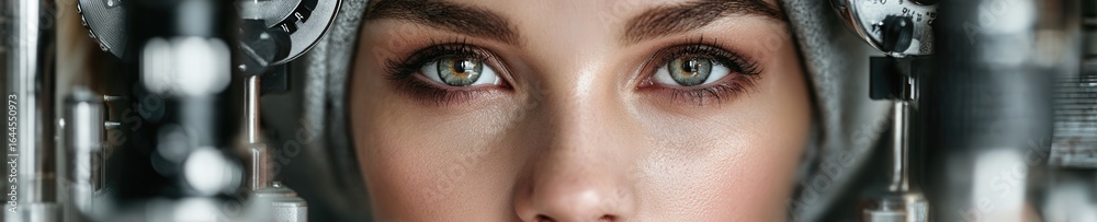 Obraz premium Young woman sitting at eye examination machine in ophthalmologist office, realistic detail, clean medical setting, natural expression.