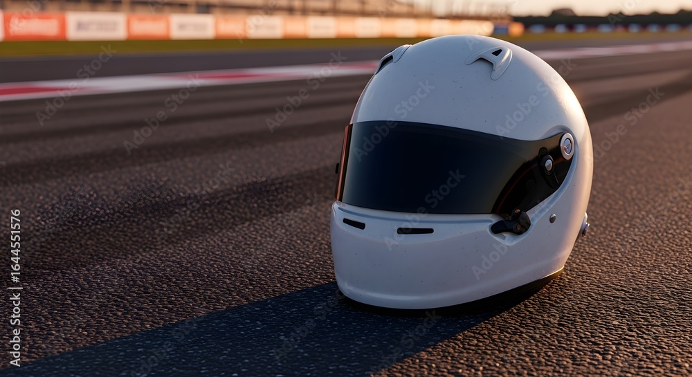 Fototapeta premium Motorsport concept with a white racing helmet resting on the asphalt of a professional race circuit at sunset.
