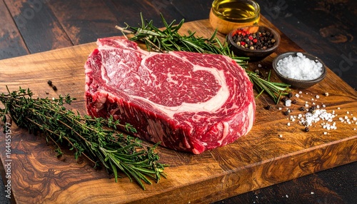 Raw marbled ribeye steak on a wooden butcher block, fresh herb like rosemary and thyme scattered around, sea salt and peppercorns, professional commercial food photography