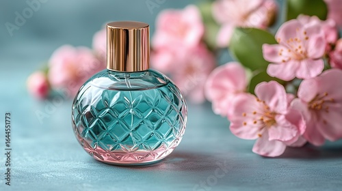 Perfume bottle with blue liquid and pink flowers on a light blue background.