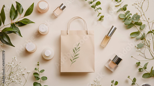 A high-resolution studio photo of a cosmetic shopping packaging bag lying flat, surrounded by cosmetics as decorative elements. 