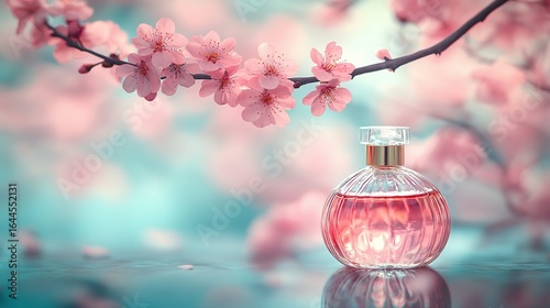 Perfume bottle with pink liquid near blooming cherry blossom branch on surface.