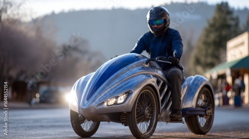 A person wearing a helmet and jacket rides a futuristic three wheeled motorcycle on a paved road