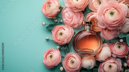 Perfume bottle surrounded by pink ranunculus flowers and green foliage on blue background.