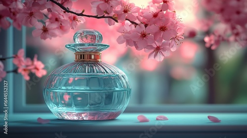 Glass bottle with liquid on windowsill with pink blossoms in background.