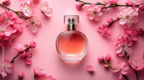 Perfume bottle surrounded by pink blossoms on a pink background.