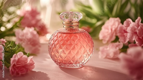 Perfume bottle surrounded by pink flowers and green foliage on a pink surface.