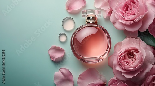 Perfume bottle surrounded by pink roses and petals on a light background.