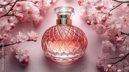 Perfume bottle with pink liquid surrounded by cherry blossom branches on pink surface.