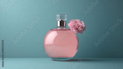 Pink perfume bottle with flower on a light blue background.