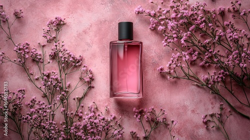 Pink perfume bottle surrounded by dried flowers on a textured pink surface.
