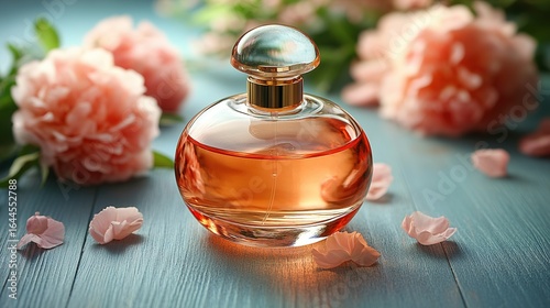 Perfume bottle on a light blue wooden surface surrounded by pink flowers.
