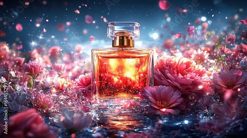 A perfume bottle surrounded by pink flowers and sparkling lights on a dark background.