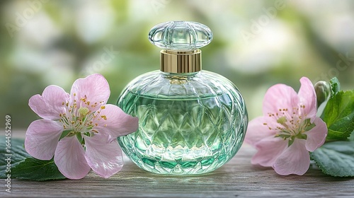 Green perfume bottle with flowers and leaves on a light surface.
