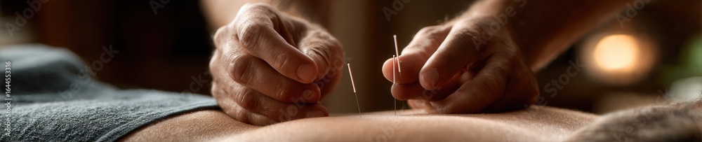 Fototapeta premium Close-up of acupuncture needle being gently placed in patient’s back during calm therapy session with soft warm light.