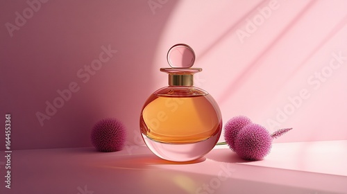Perfume bottle with pink accents on a pink background with light and shadow.